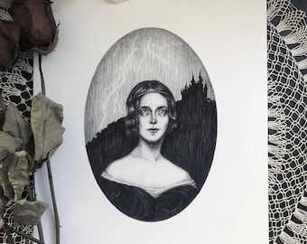 Mary Shelley - Fine Art Print - Frankenstein - Gothic Literature - Author Portrait - Dark Art - Illustration