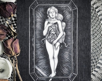 Può includere: Un disegno in bianco e nero di una donna con i suoi organi interni esposti, racchiusi in una cornice a forma di diamante.