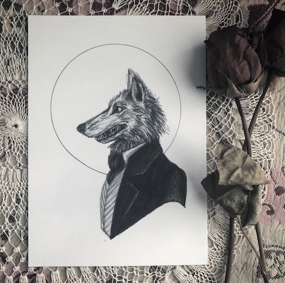 Dapper Werewolf 5x7 Fine Art Print Victorian Wolf Portrait Vintage Gothic Dark Art Illustration