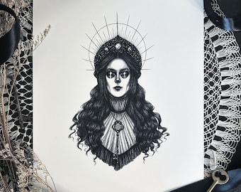 May include: Black and white pen and ink drawing of a woman with long, curly hair wearing a crown with a keyhole design. The woman has a serious expression and is looking directly at the viewer.