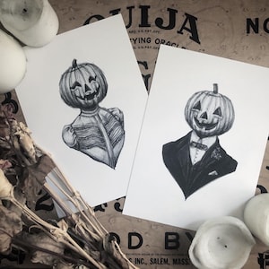 Husband & Wife Pumpkin Couple Print Set - Vintage Halloween - Victorian - Portraits - Creepy Cute - Gothic - Illustration