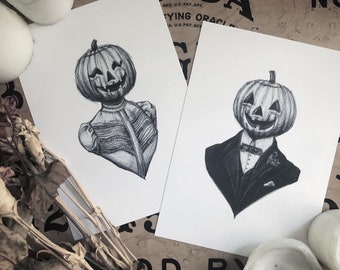 Husband & Wife Pumpkin Couple Print Set - Vintage Halloween - Victorian - Portraits - Creepy Cute - Gothic - Illustration