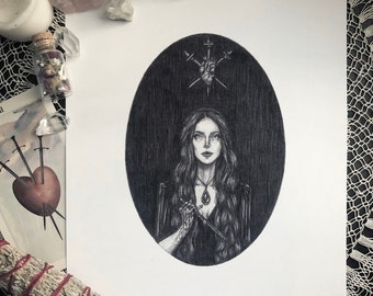 May include: A black and white drawing of a woman with long dark hair holding a dagger. She is wearing a dark dress and a necklace with a large gemstone. The background is dark and there are three swords piercing a heart above her head.