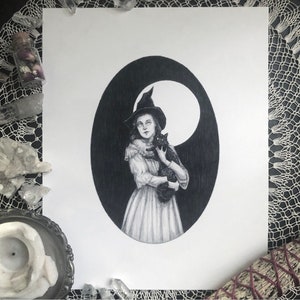 Winnie & Shadow - Fine Art Print - Victorian Witch and Familiar - Black Cat - Magick - Witchcraft - Gothic Illustration