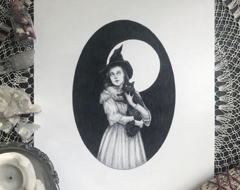 Winnie & Shadow - Fine Art Print - Victorian Witch and Familiar - Black Cat - Magick - Witchcraft - Gothic Illustration