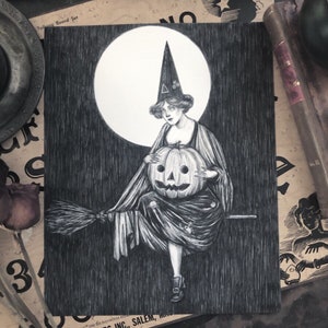 All Hallows’ -  Fine Art Print - Vintage Halloween Witch - Victorian - Pumpkin - Gothic - Full Moon - Witchcraft - Illustration