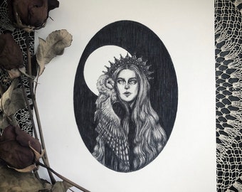 The Visitor - Fine Art Print - Owl Familiar - Witchcraft - Fantasy - Medieval - Dark Art - Gothic Illustration