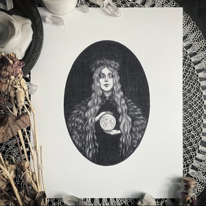 Moon Maiden - Fine Art Print - Full Moon Magick - Witchcraft - Pagan - Dark Art - Gothic Illustration