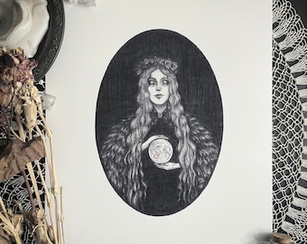 Moon Maiden - Fine Art Print - Full Moon Magick - Witchcraft - Pagan - Dark Art - Gothic Illustration