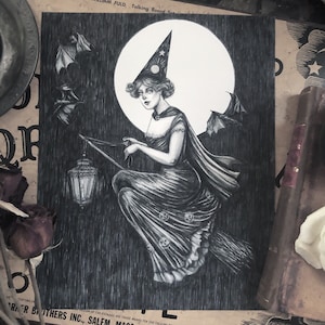By Lantern Light - Fine Art Print - Vintage Halloween Witch - Witch Art- Bat - Full Moon - Victorian - Broomstick - Illustration