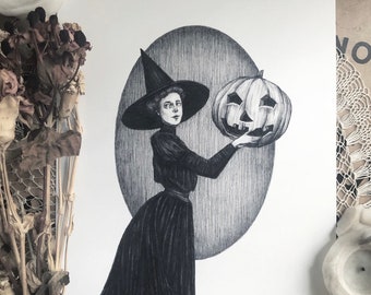 Pumpkin Witch - Fine Art Print - Victorian Halloween - Jack O Lantern - Vintage Halloween - Gothic Illustration