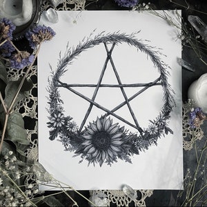 Summer Solstice Wreath - Fine Art Print - Litha Pentacle - Midsummer - Witch - Witchcraft - Pagan - Altar - Wheel of the Year