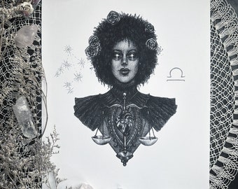 May include: Black and white illustration of a person with curly hair wearing a necklace with a heart and scales. The scales are balanced and the person is looking directly at the viewer. The illustration is surrounded by a constellation of stars.