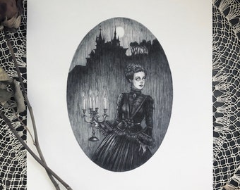 May include: A black and white illustration of a woman in a long dress holding a candelabra. She is standing in front of a large, dark building with a full moon in the sky.