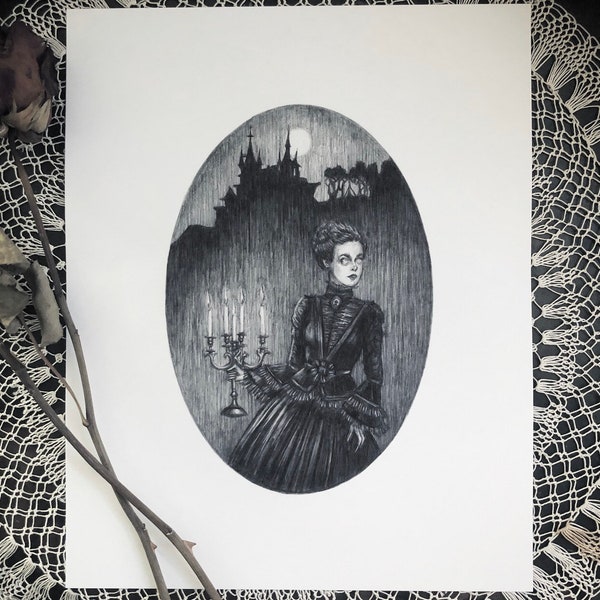 The Haunting - Fine Art Print - Gothic Romance - Victorian - Gothic - Candelabra - Spooky - Castle - Full Moon - Dark Art - Illustration