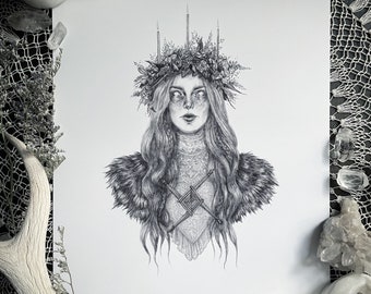 May include: A black and white drawing of a woman with long hair wearing a crown of flowers and candles. She is wearing a fur-trimmed garment and a cross-shaped necklace.