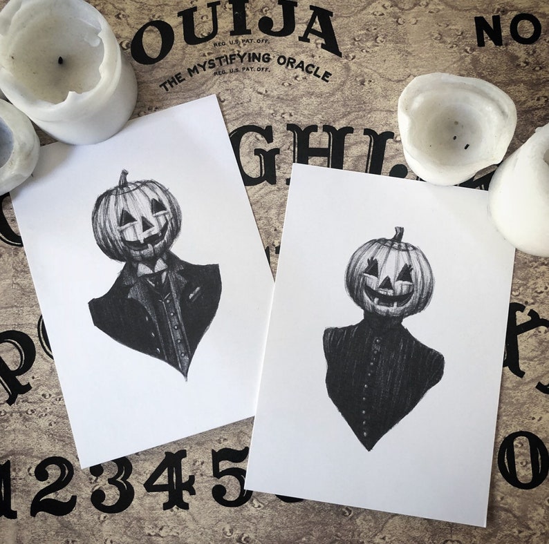 Husband & Wife Pumpkin Couple Print Set Vintage Halloween Pumpkin Victorian Portrait Dark Art Illustration image 2