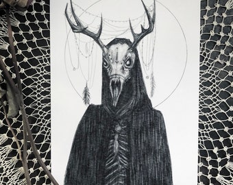 Wendigo - Fine Art Print - Cryptid - Mythology - Folklore - Native American - Dark Art - Horror - Creepy - Deer Skull - Illustration