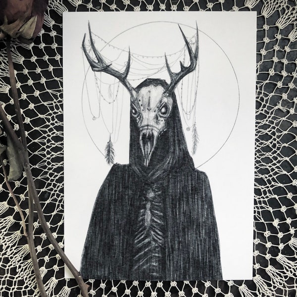 Wendigo - Fine Art Print - Cryptid - Mythology - Folklore - Native American - Dark Art - Horror - Creepy - Deer Skull - Illustration