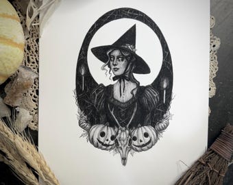Samhai Witch - Fine Art Print - Halloween Autumn Victorian Witch Portrait - Fall Witchcraft - Magick - Dark Art - Gothic Illustration