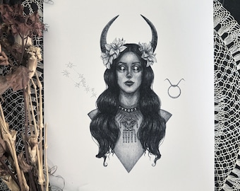 Taurus Goddess - Fine Art Print - Zodiac Sign - Astrology - The Bull - Dark Art - Gothic Illustration