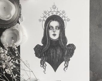 May include: A black and white drawing of a woman with long dark hair wearing a dark dress and a crown of stars and moons. The woman has a serious expression on her face.