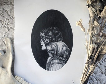 The Familiar - Fine Art Print- Witch With Her Sphynx Cat Familiar - Third Eye - Cat Art - Dark Art - Dark Surrealism - Illustration