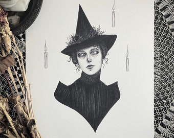May include: A black and white drawing of a witch wearing a pointed hat with a wreath of flowers around the base. She is wearing a black dress and has a serious expression on her face. There are three candles on the page, two on the left and one on the right.