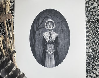 May include: A black and white drawing of a young woman in a pilgrim dress holding a doll. She is standing in a dark forest with a tree branch above her head. There are two nooses hanging from the branch.