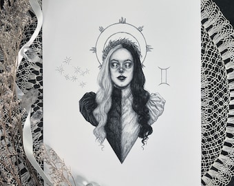 Gemini Goddess - Fine Art Print - Zodiac Sign - Astrology - The Twins - Dark Art - Gothic Illustration