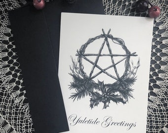 Yuletide Greetings - Pack of 5 Holiday Cards - Winter Solstice - Yule - Pentacle - Magick - Witch - Witchcraft - Holly - Mistletoe