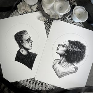 Frankenstein’s Monster & The Bride - Fine Art Print Set - Frankenstein - Gothic Horror - Dark Art - Gothic Illustration