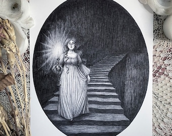 May include: Black and white illustration of a woman in a long dress holding a lit candle, descending a staircase. The artwork is set within an oval frame, with a dark, textured background. The style is reminiscent of a gothic or Victorian era.