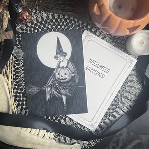 All Hallows 'Halloween-Karte - 15x7 "Doppelseitige Karte - Vintage Halloween - Viktorianische Hexe