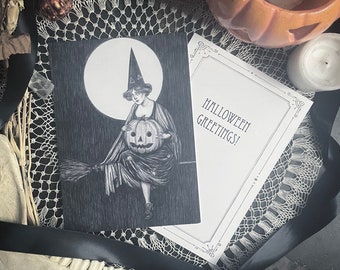 All Hallows’ Halloween Card - 5x7” Double Sided Card - Vintage Halloween - Victorian Witch