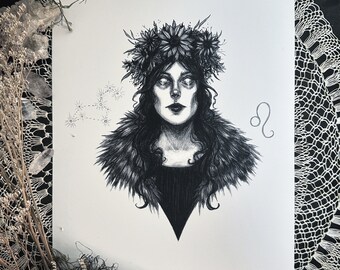 Leo Zodiac Goddess - Fine Art Print - Astrology - Celestial - Dark Art - Gothic Illustration