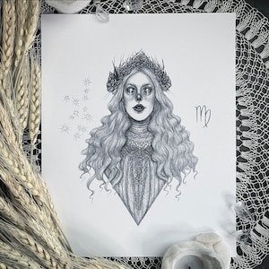 Virgo Goddess - Fine Art Print - Zodiac Sign - Astrology - The Maiden - Dark Art - Gothic Illustration