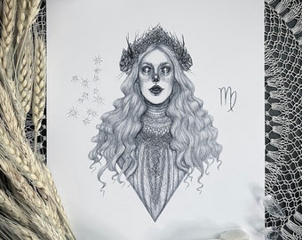 Virgo Goddess - Fine Art Print - Zodiac Sign - Astrology - The Maiden - Dark Art - Gothic Illustration