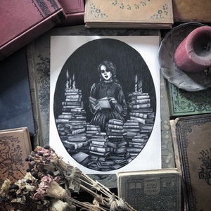 Bury Me in Books- Fine Art Print - Book Art - Reading - Dark Academia- Gothic - Victorian - Illustration