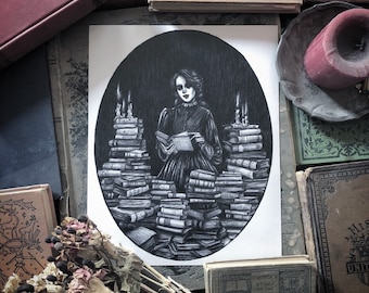 Bury Me in Books- Fine Art Print - Book Art - Reading - Dark Academia- Gothic - Victorian - Illustration