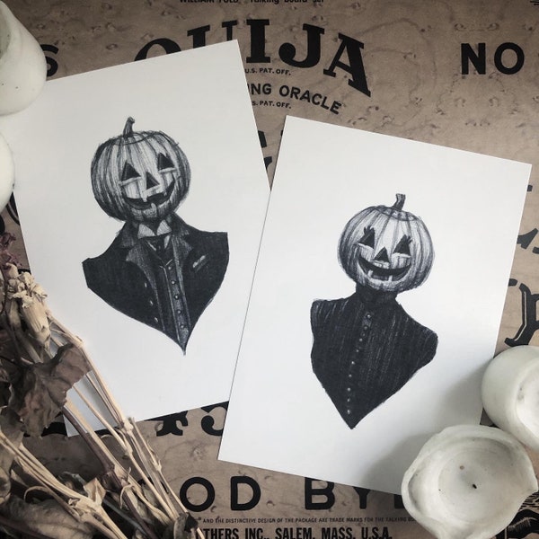 Husband & Wife Pumpkin Couple Print Set - Vintage Halloween - Pumpkin - Victorian - Portrait - Dark Art - Illustration