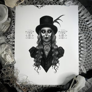 May include: A black and white illustration of a person with long, wavy hair, wearing a top hat and a dark suit. The person's face is painted with Day of the Dead-style makeup. Two symmetrical symbols are on either side of the person's head.