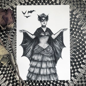 Victorian Bat Lady - Fine Art Print - Vintage Halloween Costume - Gothic - Dark Art - Bat Art - Illustration