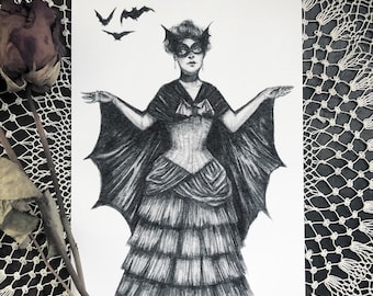 May include: A black and white pencil drawing of a woman wearing a bat-inspired costume. She has a mask over her eyes and a cape with bat wings. There are three bats flying above her head.