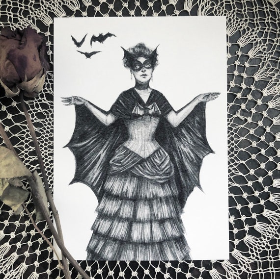 Victorian Bat Lady Fine Art Print Costume dHalloween vintage Gothique Art  sombre Bat Art Illustration -  France