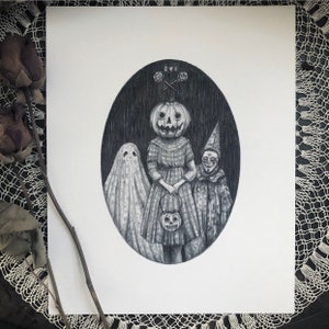 Trick or Treat Fine Art Print Vintage Halloween Illustration Creepy Cute image 1