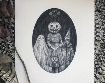 Trick or Treat - Fine Art Print - Vintage Halloween - Illustration - Creepy Cute