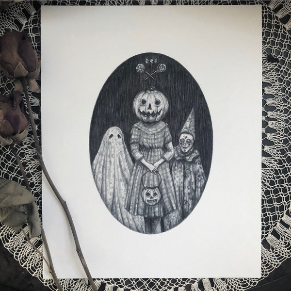 Trick or Treat - Fine Art Print - Vintage Halloween - Illustration - Creepy Cute