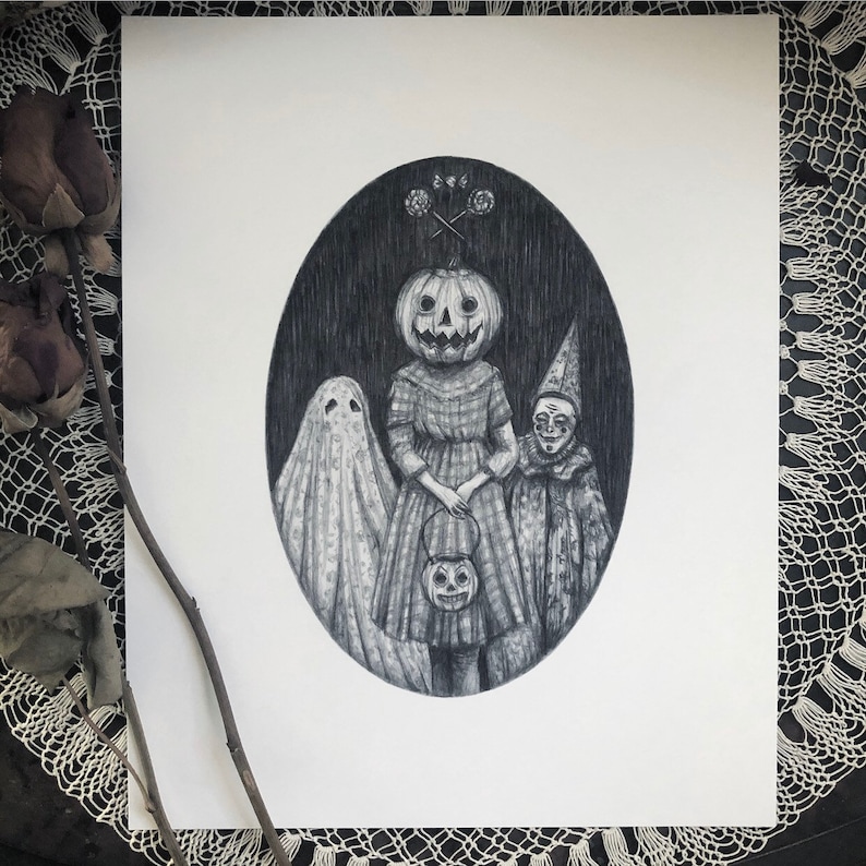 Trick or Treat Fine Art Print Vintage Halloween Illustration Creepy Cute image 1