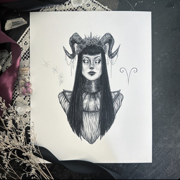 Aries Goddess - Fine Art Print - Zodiac Sign - Astrology - The Ram - Dark Art - Gothic Illustration